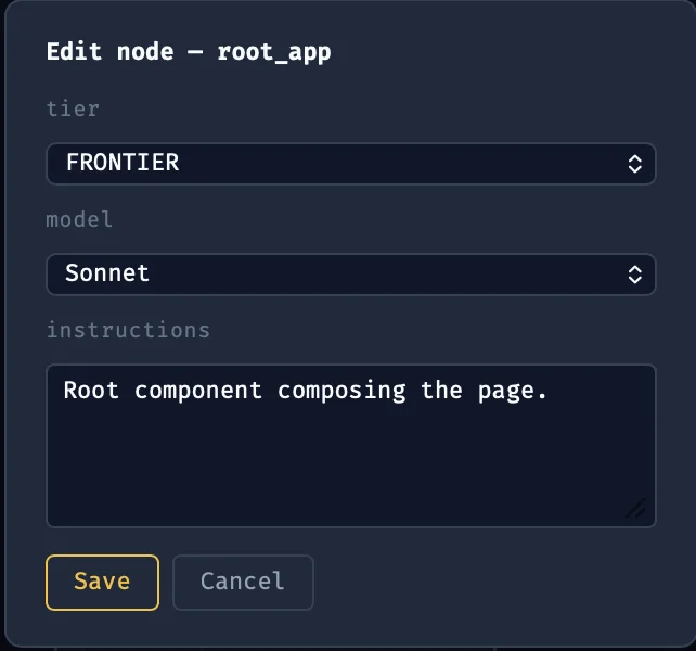 Edit-node dialog with tier and model selectors and an editable instruction field